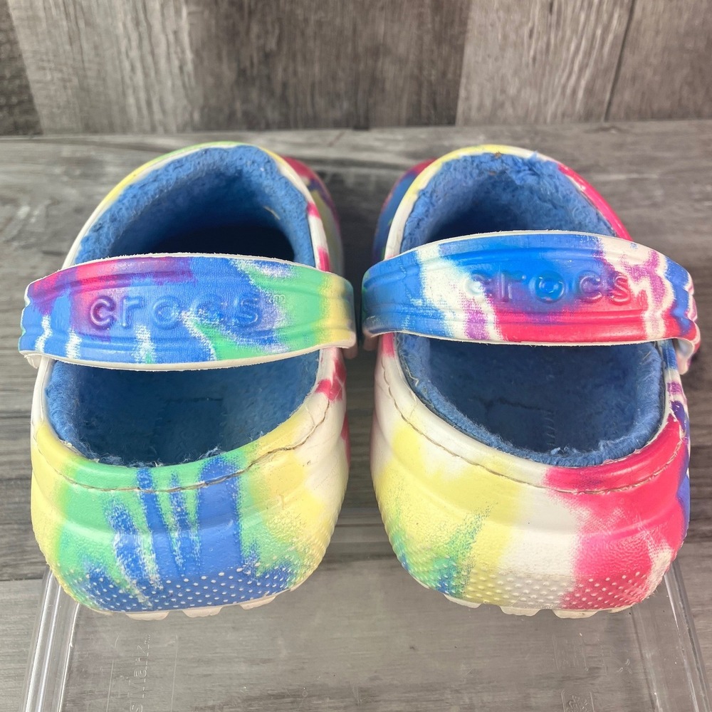Crocs Classic Lined Tie Dye Clogs Multi Color Blue Fuzzy Fur Kids Size C10 - Picture 4 of 7